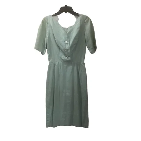VINTAGE 1950s Josie‎ Shield Mint Green Shantung Fit & Flare Dress Midcentury S - Picture 3 of 15